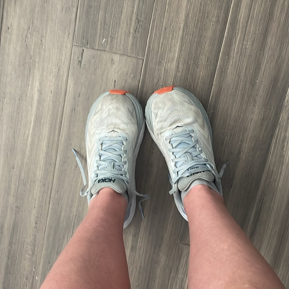 Hoka One One Women's Athletic Shoes in Light Gray and Orange